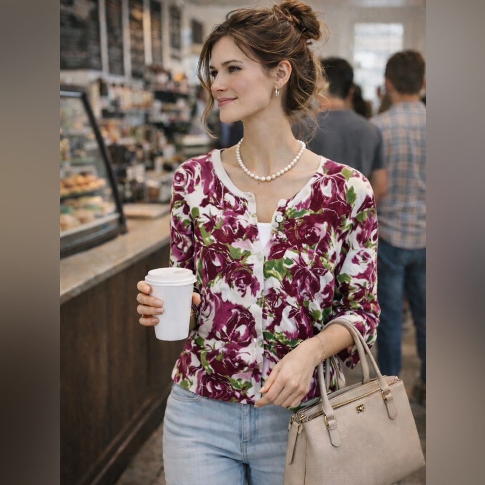 RED-Label Coquette Cardigan Sweater L Rose Floral 3/4 Sleeve Cottage Old Money